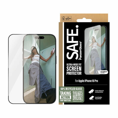 PanzerGlass SAFE iPhone 16 Pro Ultra Wide Fit glazen screenprotector met zwarte rand 